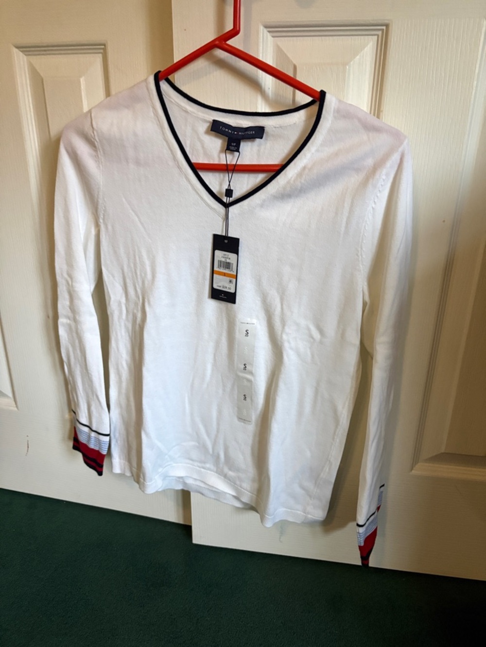 Tommy Hilfiger White V-Neck Long Sleeve Top with Navy & Red Accent
